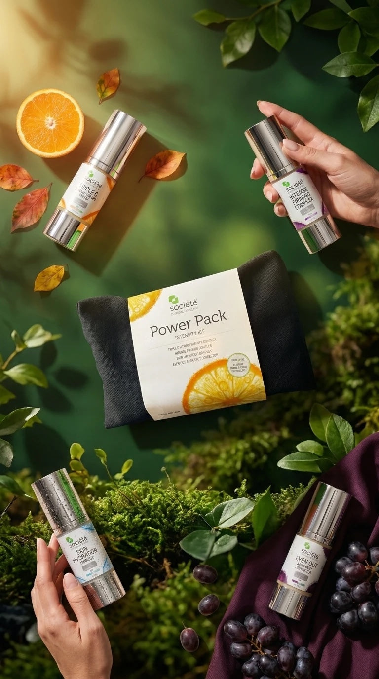 Société Power Pack Intensity Kit styled with autumn leaves and fruit